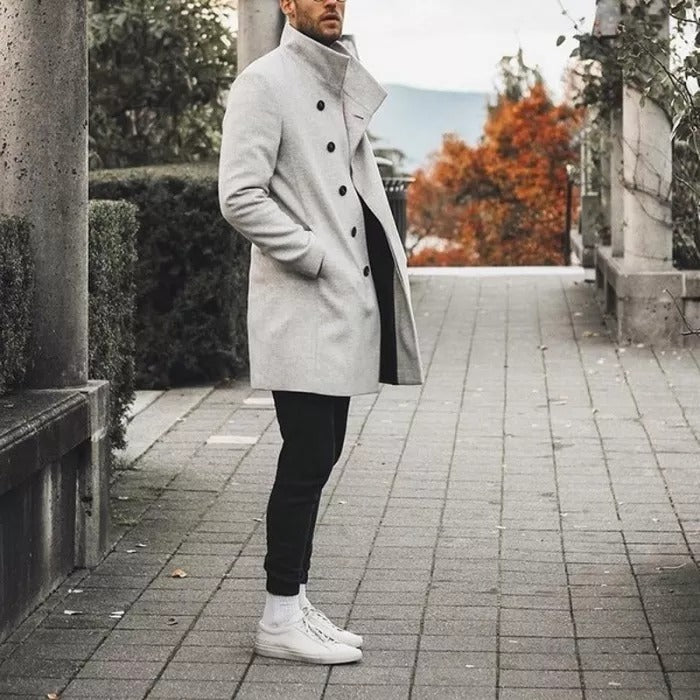 Autumn Mens Brand Treanch Coats Stand Fashion Long Jacket Overcoat Casual Solid Slim Pocket Coats Black White Outwear