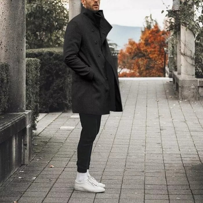 Autumn Mens Brand Treanch Coats Stand Fashion Long Jacket Overcoat Casual Solid Slim Pocket Coats Black White Outwear