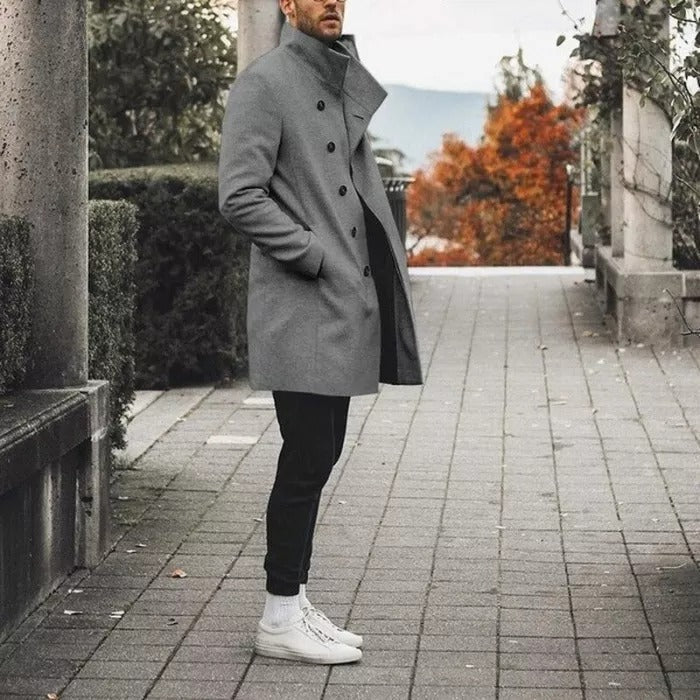 Autumn Mens Brand Treanch Coats Stand Fashion Long Jacket Overcoat Casual Solid Slim Pocket Coats Black White Outwear