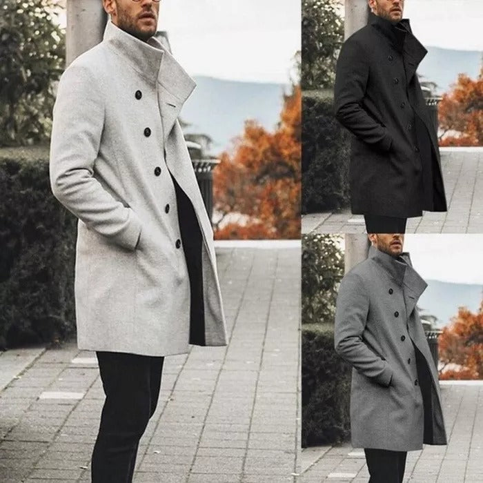 Autumn Mens Brand Treanch Coats Stand Fashion Long Jacket Overcoat Casual Solid Slim Pocket Coats Black White Outwear