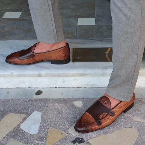 Bristol Tan Woven Leather Double Monk Strap Loafers Shoes