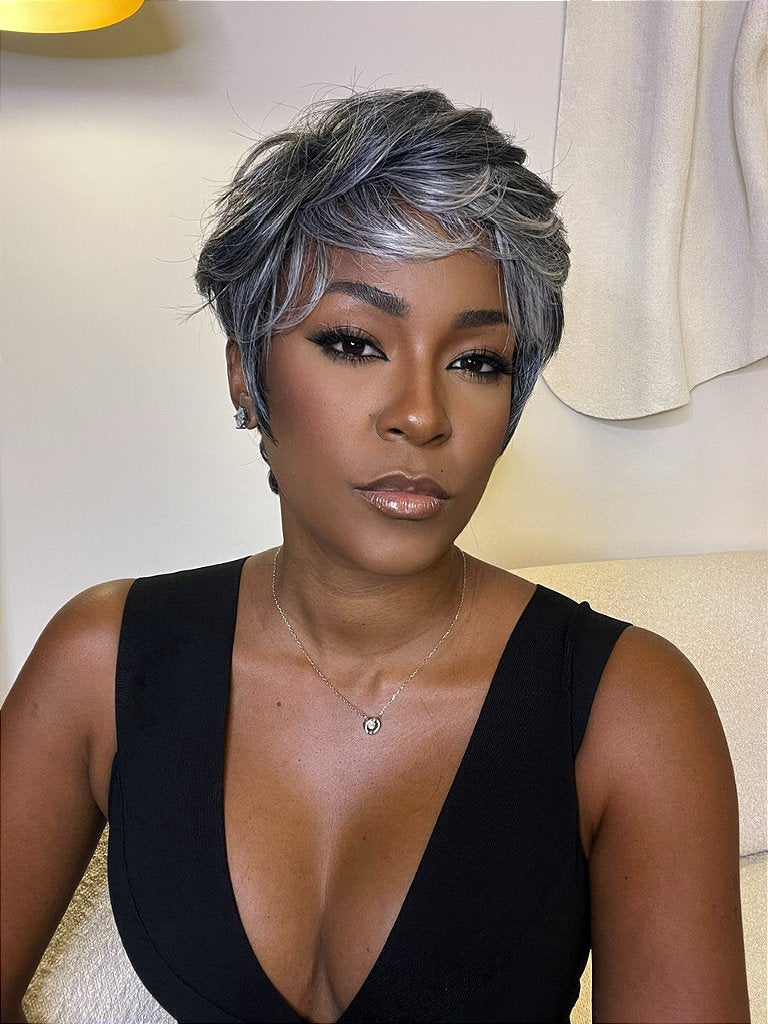 Short Salt and Pepper Grey Human Hair Pixie Cut Bob Bangs Wig