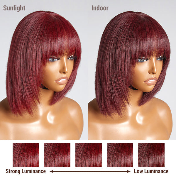 Mecanismo de hendidura de encaje para cabello Peluca estilo bob color burdeos con flequillo 