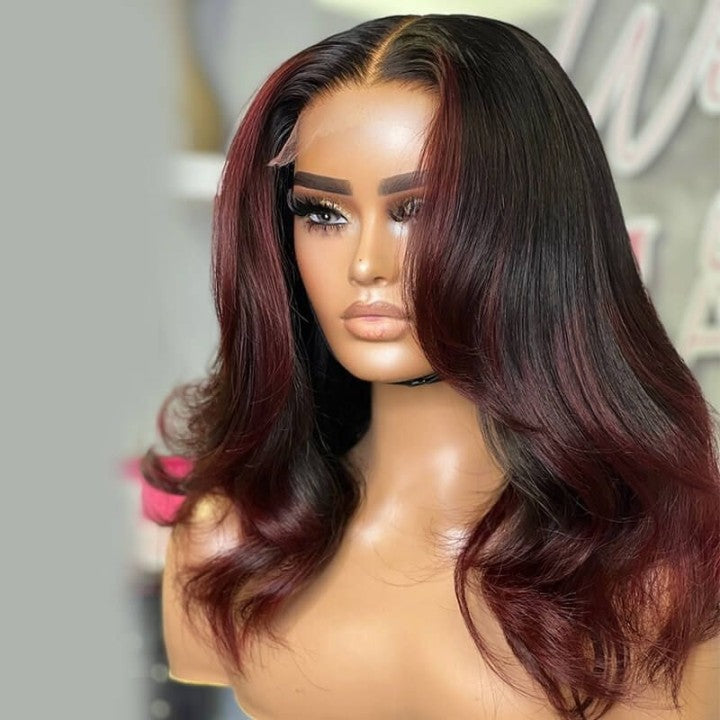 Burgundy And Black Mixed Layered Wavy 5x5 Lace Closure Wig