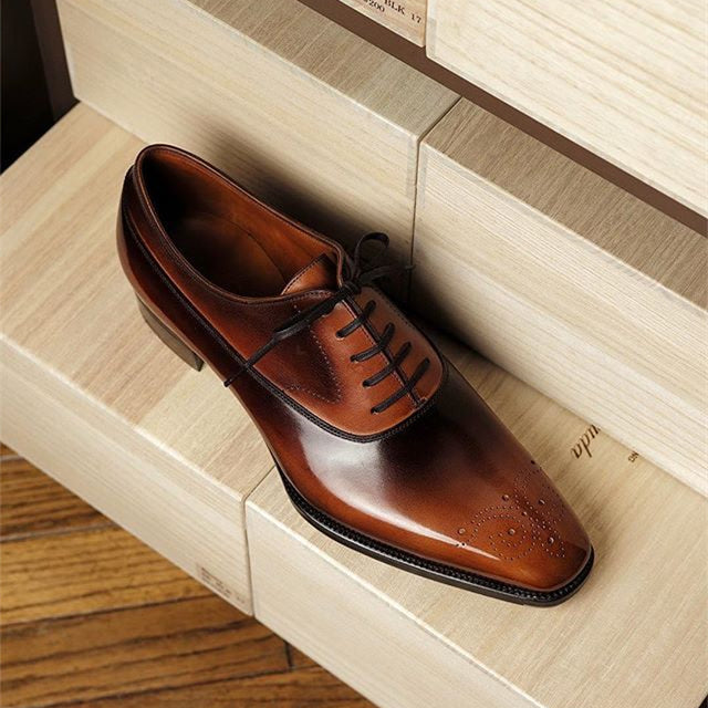 Black-brown square toe brogue classic business handmade leather shoes