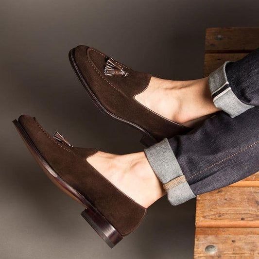 Suede Tassel Dark Brown Slip On Loafers